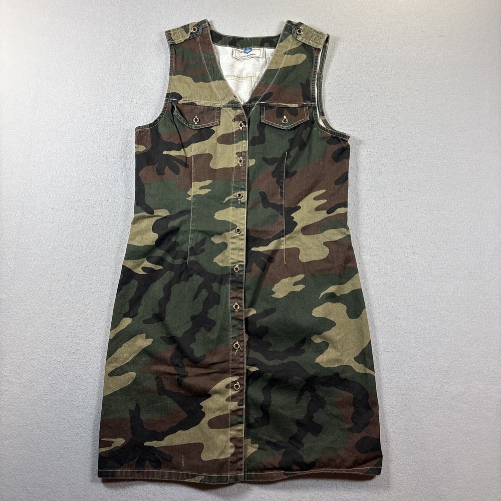 True Blue Dress Womens 9/10 Camo Button Front Denim Midi Sleeveless‎